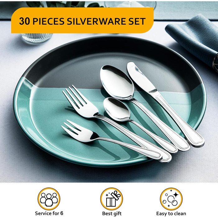 Набір столових приборів Velaze на 12 осіб (60 предметів) з нержавіючої сталі. Включає: 12 ножів, виделок, ложок, чайних ложок, виделок для тортів. Полірування, придатний для миття в посудомийній машині.