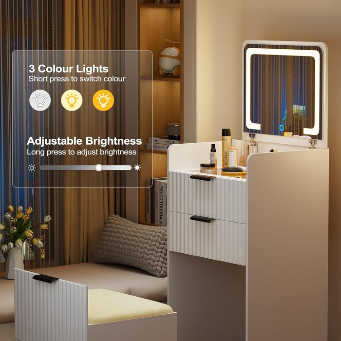 Трюмо Lvifur з LED-дзеркалом та 3 висувними ящиками, кутовий, для спальні, квартири, гуртожитку, білий