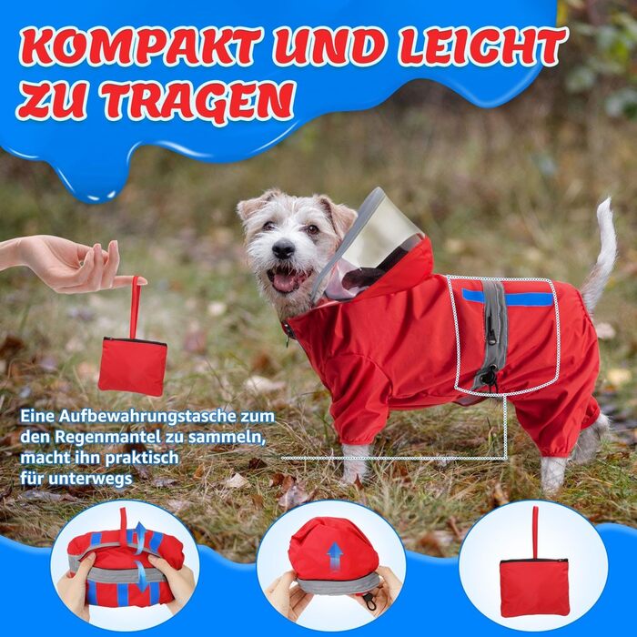 Макінтош для собак водонепроникний, світловідбиваючий, з капюшоном і кишенею, для собак, для прогулянок, XL (45 см), червоний