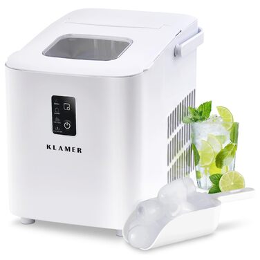 Льодогенератор KLAMER 24 кг/добу, 3 розміри кубиків льоду, 2.2л резервуар, 130W, білий