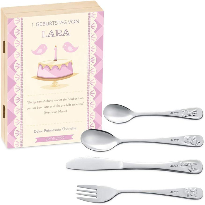 Набір дитячого столового прибору Maverton Kinderbesteck з гравіюванням + дерев'яна коробка з надруком (з тваринами) з нержавіючої сталі, коричневий. Подарунок для дівчинки на день народження, хрещення, народження. Різдвяні подарунки. Ведмедик (торт на ден