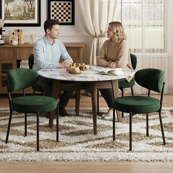 Обідні стільці COLAMY з м'яким сидінням 10 см – Сучасні крісла з плюшевої тканини Teddy, з міцним металевим каркасом – для кухні та вітальні, білий (зелений, набір 2 шт)