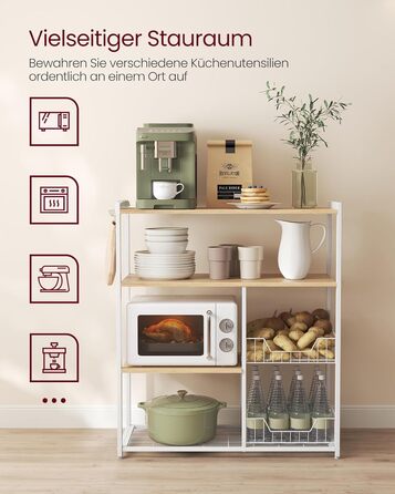 Стелаж кухонний VASAGLE з 2 металевими кошиками, рейли та полиці, для мікрохвильової печі, 35 x 80 x 93,5 см, золотий дуб + білий