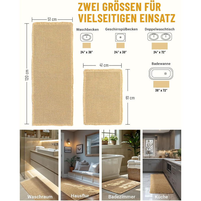 Набір килимків для ванної кімнати, антиковзні килимки, килимок для ванної, набір 2 шт, бохо килимок для ванної, пральний душ-килимок для вітальні, спальні, ванної кімнати, декор для ванної, 51 x 60 см + 41 x 61 см, коричневий та білий (коричневий)