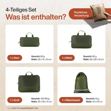 Набір компресійних органайзерів для одягу TRAVEL DUDE (4 шт.), легкі пакувальні куби з переробленого пластику для валізи та рюкзака, темно-зелені