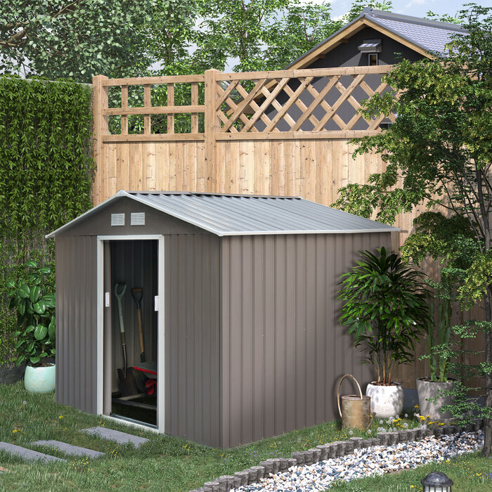 Outsunny Metal Garden Shed Садовий сарай з фундаментом, стійкий до погодних умов, сірий, 277x195x192 см, ідеально підходить для саду та зберігання інструментів