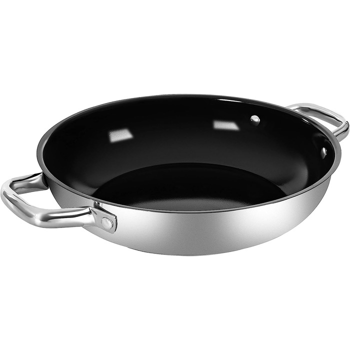 Сковорода для сервірування Рібеллі Ø 28 см з керамічним покриттям без ПФАС, сковорода з нержавіючої сталі, індукційна сковорода з ручками з нержавіючої сталі, що підходить для духовки Ø 28 см зі срібла 3,5 л
