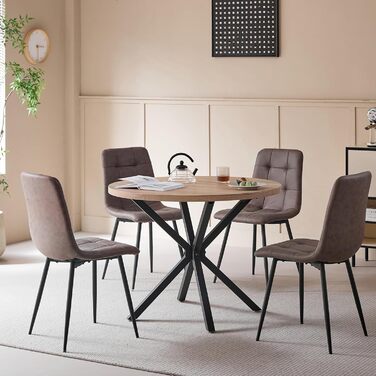 Обідній комплект на 5 персон: круглий стіл 100 см та 4 стільці (голландський фліс). Підходить для кухні, вітальні, балкону, ресторану, офісу. Темне дерево + світле дерево (темно-коричневий)