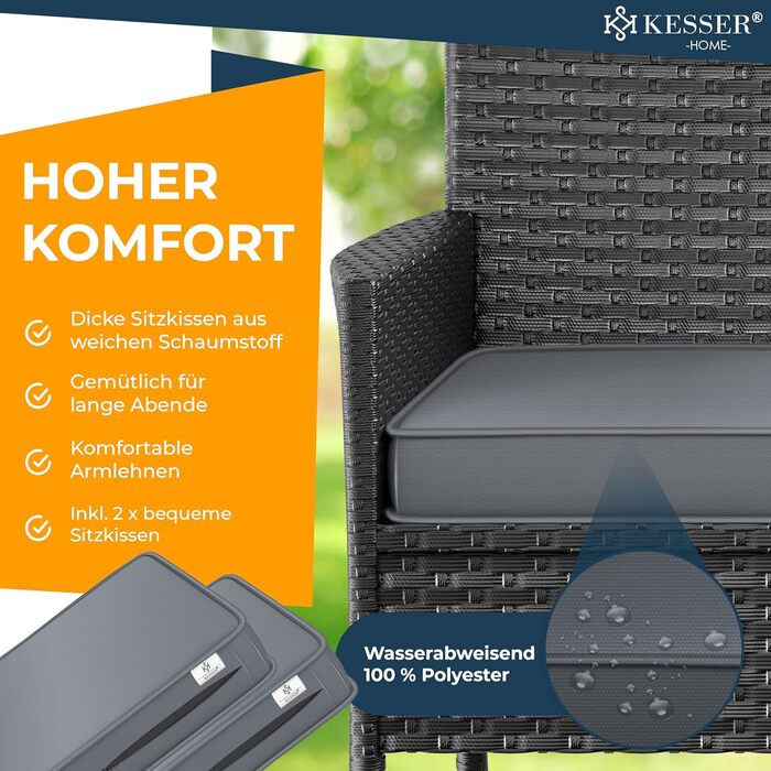 Садовий диван KESSER® з ротангу на 2 особи з вбудованим столиком, 143×63×88 см - стійкий до погодних умов, комплект з подушками та чохлами, антрацит