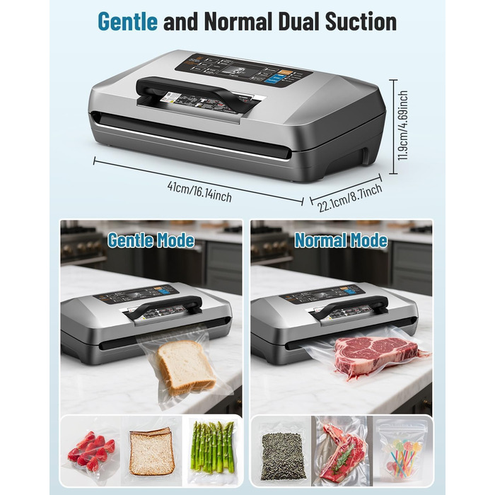 Професійний вакууматор для продуктів 12-в-1, 95кПа, з функцією безперервного вакуумування та подвійним швом, сріблястий (комплект: 1 рулон та 10 пакетів)