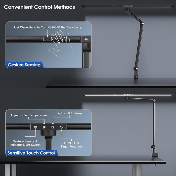 Настільна лампа 24 Вт, ультра яскрава, розпізнавання жестів, регульована, затискна, матовий чорний , офіс/кабінет
