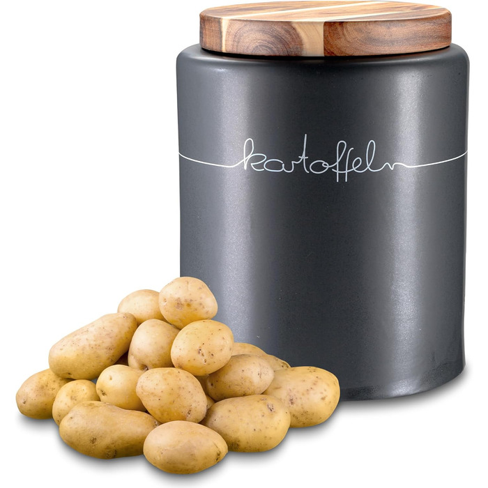 Контейнер для картоплі KHG, кераміка, сірий антрацит з дерев'яним кришкою, 4 кг, з маркуванням, висота 28/21,5 см