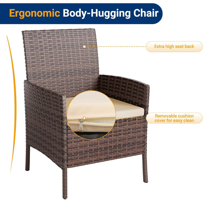 Набір меблів для саду UDPATIO Lounge: стіл та 2 стільці з поліротангу для балкона/тераси (колір: коричневий, 3-х частинний)