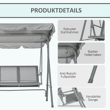 Гойдалка Голлівуд з регульованим сонцезахистом, 3-місна садова гойдалка з антиковзними ніжками, міцна лавка-гойдалка, витримує до 240 кг, ідеально підходить для саду, тераси, розміри 171x108x154 см, сірого кольору.