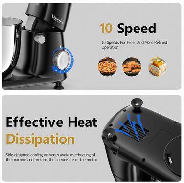 Кухонна машина Vezzio для випічки, 5.5л, 1500Вт, планетарне мішування, з набором насадок (чорна)