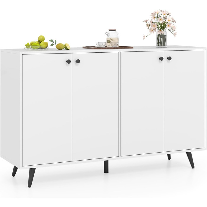 COSTWAY Комод-тумба з 4 дверцятами та 5 регульованими полицями, білий, 127,5 x 38 x 80 см. Підходить для вітальні, кухні, їдальні