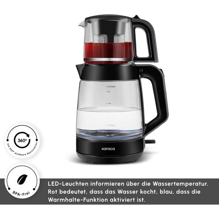 Чайник-заварник Karaca Glass XL 2 в 1 Shiny Black, 0.9л, 2.2л, LED, автоматичний, поворотний, енергоефективний