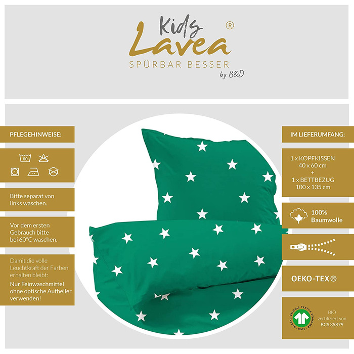 Комплект постільної білизни для малюків Lavea-Stella Kids 100 х 135 см 40 х 60 см.Дизайн Зоряний колір 100 бавовна. Висока якість із застібкою-блискавкою. Сертифікований за стандартом GOTS / Bio. (100 х 135 40 х 60 см, лісовий зелений)