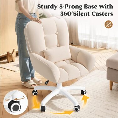 Ергономічне крісло 2-в-1 для дому та офісу: обертове, регульоване по висоті, з подушкою, велюр, бежеве