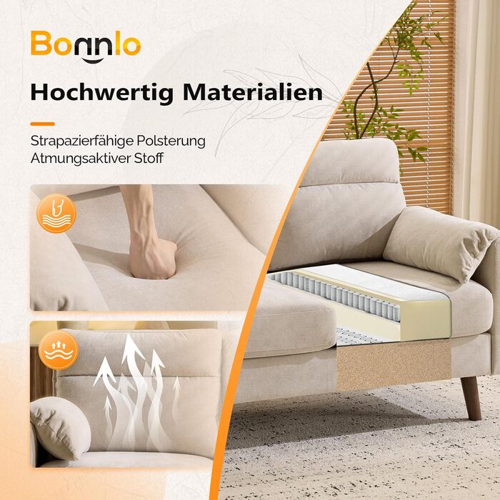 Диван Bonnlo 2-місний, компактний, 125 см, тканинний, бежевий. Зручні підлокітники, для офісу, вітальні, спальні, кабінету. Легка збірка. Льон.