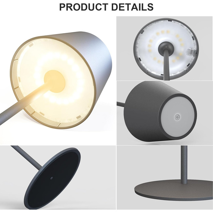 LED настільна лампа MALUX бездротова з торшевим керуванням, регулювання яскравості, тепле біле світло 2700K-4000K, метал, акумулятор, водонепроникність IP54, для саду, їдальні, спальні, робочого кабінету, балкону, готелю (темно-сірий)