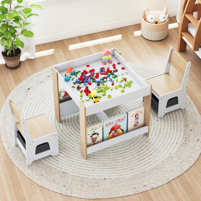 Детский стол со стульями COSTWAY 3 в 1, деревянная мебель для детей от 3 лет с откидной столешницей, полкой и ящиками