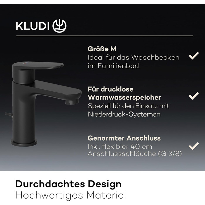 Змішувач для ванної кімнати KLUDI-X1 низького тиску з виливом 95 см, водозберігаючий, з керамічним картриджем, чорний матовий, з 3 штуцерами (для бойлера)