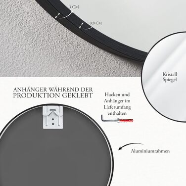 Круглий настінний дзеркало GOLD&CHROME UNIQUE DESIGN чорного кольору - 50 x 50 см, для ванної кімнати та макіяжу, з алюмінію, декоративне, велике, 2 роки гарантії