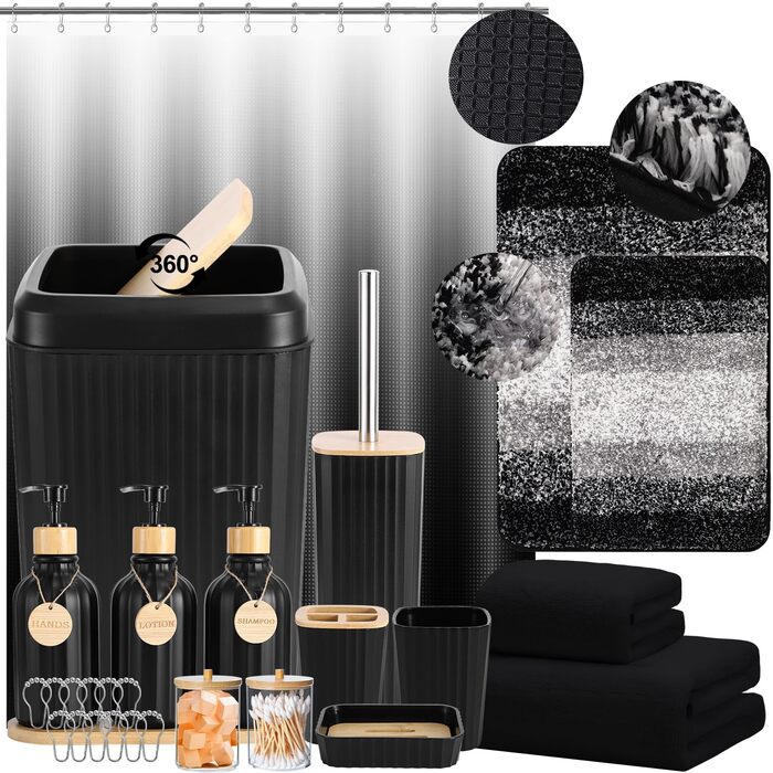 Набір для ванної кімнати 17 предметів: аксесуари для ванної, сміттєвий бак, дозатори мила, тримач для зубних щіток, 6 дерев'яних гачків, аксесуари для кухні та ванної (Чорний, Комплект для ванної + штора для душу + килимок для ванної + рушник для ванної)