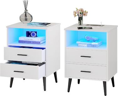 Тумбочка LVSOMT LED, USB & Type-C, 2 шухляди, дерево, біла, для спальні/вітальні