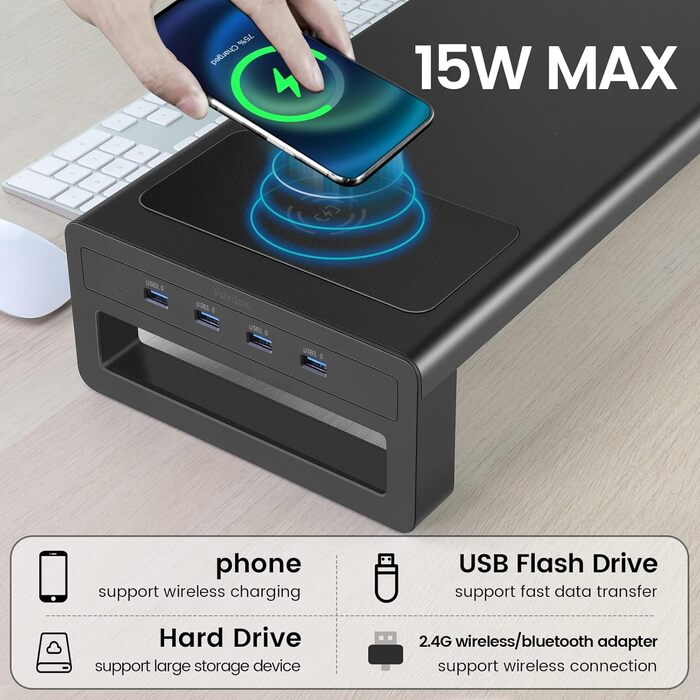 Підставка для монітора VAYDEER USB 3.0 з бездротовою зарядкою та передачею даних - чорна, до 32 дюймів