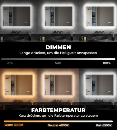 Дзеркало для ванної кімнати LOMIKEN з підсвічуванням, 60x50x3,5 см, LED, 6400K, холодний білий, економія енергії, вертикальне/горизонтальне кріплення, вимикач, захист від запотівання, 3 колірні температури