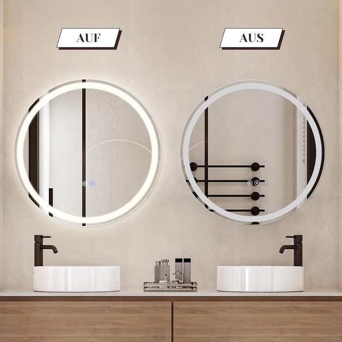 Дзеркало для ванної кімнати Mursche з підсвічуванням LED, 50x70 см, IP44, сенсорний вимикач, годинник, антизапар, регулювання яскравості 3000K-6500K