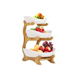 Ронгкун 3 рівня фрукти двоярусна миска з фруктами з бамбуковою підставкою для кухонного столу, пластиковий кошик з фруктами для овочів, закуска десерт Ку