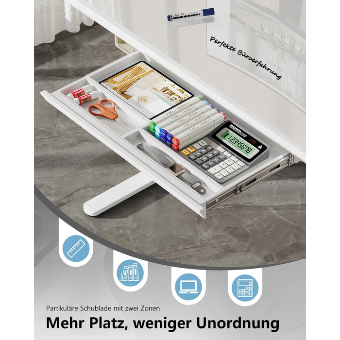 Електричний письмовий стіл Homall зі скляною стільницею, 140x70 см, з регулюванням висоти та шухлядою, білий, для дому та офісу