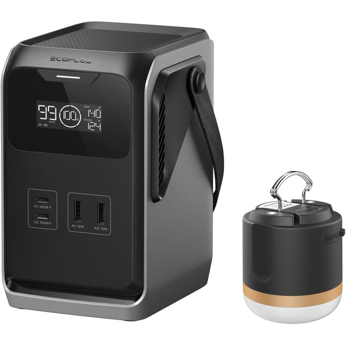 Портативна електростанція EcoFlow TRAIL 200 DC + кемпінговий ліхтар: 288 Wh, 300 W, LFP-батарея, сонячна панель, 5 виходів, водонепроникна, для кемпінгу та подорожей