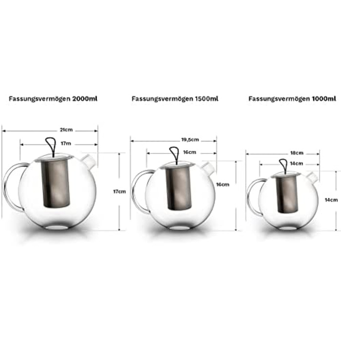Великий чайник Creano об'ємом 1,5 л, скляний чайник з 3 предметів в наборі для заварки з вбудованим ситечком з нержавіючої сталі і скляною кришкою, багатофункціональний дизайнерський скляний чайник (2,0 л)