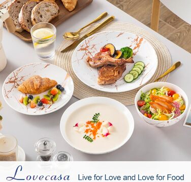 LOVECASA Сервіз столовий порцеляновий Daphne SWEET, 24-частинний набір, 6 персон. Сервіз з золотим декором: тарілки для їжі, десертні тарілки, миски для каші та супові тарілки.