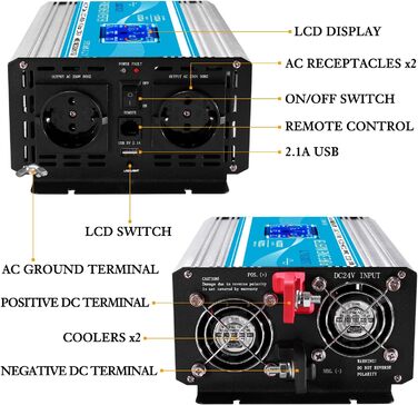 Автомобільний інвертор живлення CARRYBATT 3000 Вт перетворювач напруги -12 В 230 В чиста синусоїда з 2 розетками ЄС і портом USB пульт дистанційного керування кабель акумулятора та інструкція, для автомобілів, караванів, човнів і кемпінгу (ЖК-дисплей 2000