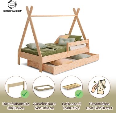 Дерев'яне ліжко-дитяча кімната Smartwood Hausbett Montessori Tipi F з сосни з сертифікатом FSC, захист від падіння, ламелі до 230 кг, для хлопчиків та дівчаток (80x160) з шухлядою