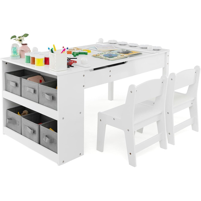 Дитячий стіл DREAMADE 3 в 1 з 2 стільцями, з відкидною кришкою та 2 тканинними ящиками, дитяча меблі для малювання та ігор, з місцем для зберігання (7 відділень), колір білий