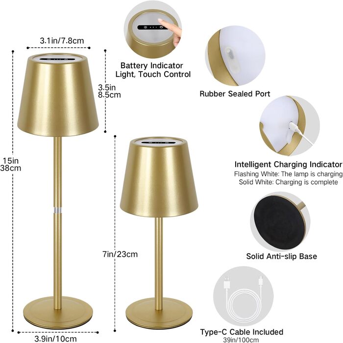 LED-лампа настільна бездротова OUTON (2 шт.) з регулюванням яскравості, 3 режими кольору, USB-C зарядка, IP54, 30 годин роботи – для дому та вулиці, чорний/золотий