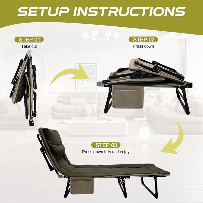 Розкладне кемпінгове ліжко XXL — Широка складана койка-розкладачка з регульованою спинкою для відпочинку, риболовлі та саду, зелена