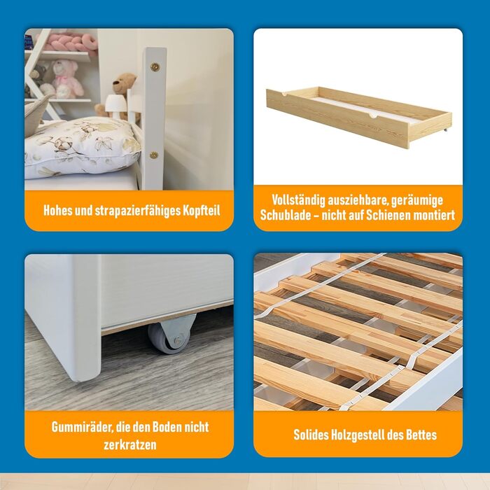 Дитяче ліжко Вробель 90x200 см з 2 ящиками та ламелями - односпальне ліжко з масиву сосни - ліжко Монтессорі для дітей - ліжко-півліжко для підлітків білого кольору - без матрацу