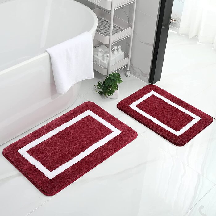 Набір килимків для ванної кімнати Homaxy: антиковзаючі, з м'якої мікрофібри, пухнасті, 2 шт. (40x60 см + 50x76 см), бордовий