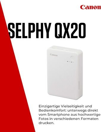 Canon Selphy QX20 – Портативний принтер для фотографій з Wi-Fi, термосублімаційний друк, USB-C зарядка, білий (без чорнил/паперу)