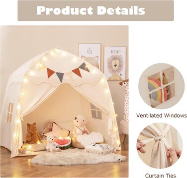 Дитяче намет-ігровий будиночок HOMASIS з 20 зірками, 12 вінцями, килимком, 2 вікнами та шторою. Ідеальний для хлопчиків та дівчаток. Намет-палатка для дитячої кімнати (Бежевий)