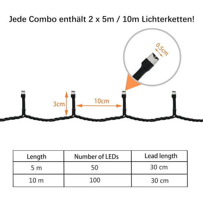 Гірлянда світлодіодна Hopelit 50 LED, 5 м, кольорова, на батарейках, з таймером, 8 режимів, вологостійка, для декору саду, вечірки, ялинки