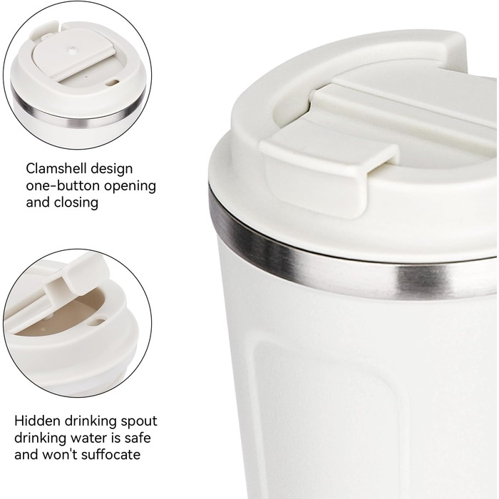 ERBO Термокружка для кави з нержавіючої сталі, 380 мл, 2 шт. (білий + рожевий), з кришкою, для кави на винос, екологічна