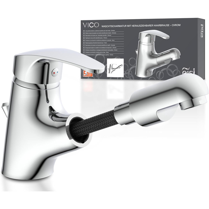 Змішувач для ванної кімнати Vico з висувною лійкою для миття волосся, водозберігаючий кран, хром